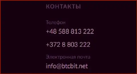 Номера телефонов и адрес электронного ящика криптовалютной обменки БТЦ Бит